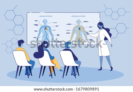 Anatomy Lesson, Class. Doctor Tutor Pointing on Body Parts and Human Venous and Arterial System during Medicine Course. Educator in Medical University Teach Students. Cartoon Flat Vector Illustration