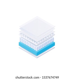 Anatomy of a mattress - separate inside layers in realistic 3d isometric chart, cube shaped fabric materials in air for comfortable bed advertisement - isolated vector illustration on white background