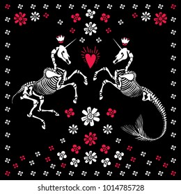 Anatomy of mythical animals. Unicorn and mermicorn. Flowers and a red heart. Mermicorn is a unicorn with a mermaid's tail. Great for Halloween and the Day of the Dead.