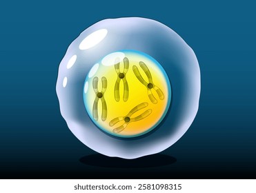 Сell anatomy. One eukaryotic cell with visible chromosomes inside the nucleus on a dark background. Genetic or cellular biology. Cell on the eve of division. Vector poster. Isometric flat illustration