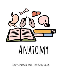 Anatomía asignatura escolar, disciplina de aprendizaje sobre el cuerpo humano y los órganos. Iconos planos de dibujos animados de Vector para los planes de estudio de los estudiantes. Libro y partes del organismo, educación y clases para alumnos