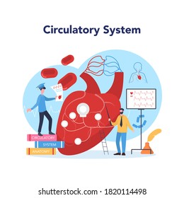 asignatura de la escuela de anatomía. Estudios internos de órganos humanos. Concepto de anatomía y biología. Sistema circulatorio del cuerpo humano. Corazón, vientos y sangre. Ilustración vectorial plana aislada