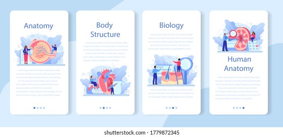 Anatomy school subject mobile application banner set. Internal human organ studying. Anatomy and biology concept. Human body system. Isolated flat vector illustration