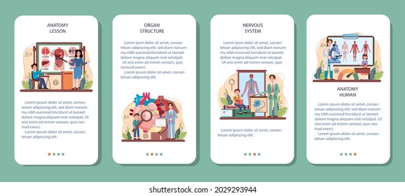 Anatomy School Fach mobile Applikation Banner Set. Internes menschliches Organstudium. Anatomie und Biologie-Konzept. Menschliche Körpersysteme. Einzelne flache Vektorgrafik