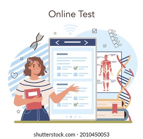 Anatomy school subject online service or platform. Internal human organ, anatomy and biology studying. Human body system. Online test. Flat vector illustration