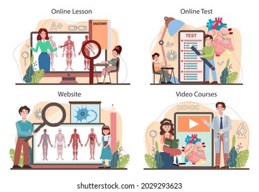 Anatomy school subject online service or platform set. Internal human organ studying. Anatomy and biology. Human body systems. Online lesson, test, video course, website. Flat vector illustration