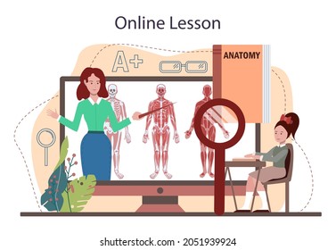 Anatomy school subject online service or platform. Internal human organ studying. Anatomy and biology. Human body systems. Online lesson. Flat vector illustration