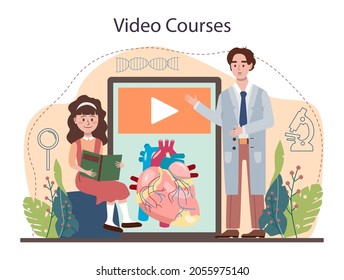 Anatomy school subject online service or platform. Internal human organ studying. Anatomy and biology. Human body systems. Video course. Flat vector illustration