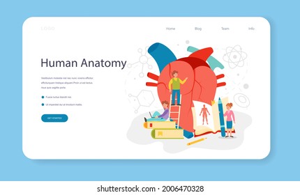 Anatomy school subject web banner or landing page. Internal human organ studying. Anatomy and biology concept. Human body system. Isolated flat vector illustration
