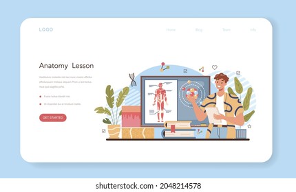 Anatomy school subject web banner or landing page. Internal human organ studying. Anatomy and biology concept. Human body system. Liver and kidney, heart and stomach. Flat vector illustration