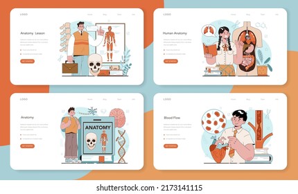 Anatomy School Fach Web-Banner oder Landing-Page Set. Internes menschliches Organstudium. Biologiekurse, menschliches Körpernervs, Knochen, Muskeln, Blutsystembildung. Flache Vektorgrafik