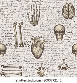 Anatomy seamless pattern with hand-drawn human skulls, bones, joints and organs on a backdrop of handwritten text lorem ipsum. Vintage repeating vector background with sketches on a medical theme