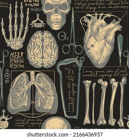 Anatomy Seamless Pattern With Hand-drawn Human Skulls, Bones, Organs And Surgical Instruments On A Backdrop Of Handwritten Text Lorem Ipsum. Vintage Vector Background With Sketches On Medical Theme