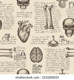 Anatomy seamless pattern with hand-drawn human skulls, bones, joints and organs on a backdrop of handwritten text lorem ipsum. Vintage repeating vector background with sketches on medical theme