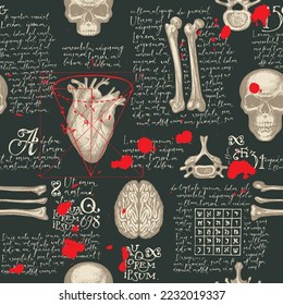 Anatomía sin fisuras con calaveras, huesos, articulaciones y órganos humanos dibujados a mano y texto manuscrito lorem ipsum y manchas de sangre. Vintage extensible de fondo vectorial con bocetos sobre el tema médico