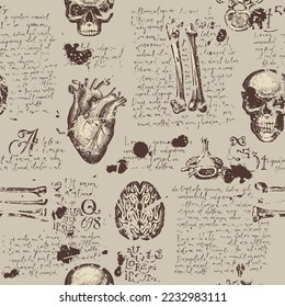 Anatomy seamless pattern with hand-drawn human skulls, bones, joints and organs on a backdrop of handwritten text lorem ipsum. Vintage repeating vector background with sketches on medical theme