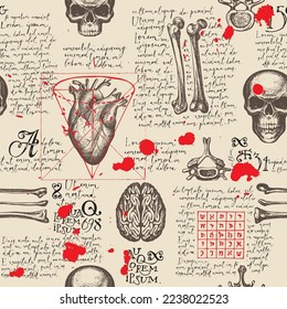Anatomía sin fisuras con calaveras, huesos, articulaciones y órganos humanos dibujados a mano y texto manuscrito lorem ipsum y manchas de sangre. Vintage extensible de fondo vectorial con bocetos sobre el tema médico