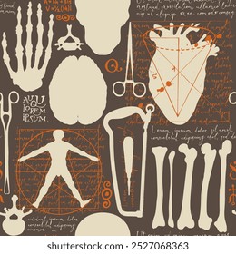 Anatomia padrão sem emenda com crânios humanos desenhados à mão, ossos, órgãos e instrumentos cirúrgicos em um pano de fundo de texto manuscrito lorem ipsum. Vintage fundo vetor com esboços sobre um tema médico