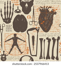 Anatomy seamless pattern with hand-drawn human skulls, bones, organs and surgical instruments on a backdrop of handwritten text lorem ipsum. Vintage vector background with sketches on a medical theme