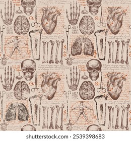 Anatomia padrão sem emenda com crânios humanos desenhados à mão, ossos, órgãos e instrumentos cirúrgicos em pano de fundo de texto manuscrito lorem ipsum. Vintage fundo vetor com esboços sobre tema médico