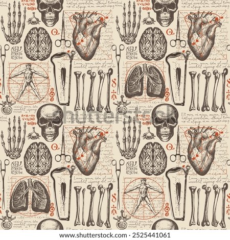 Anatomy seamless pattern with hand-drawn human skulls, bones, organs and surgical instruments on backdrop of handwritten text lorem ipsum. Vintage vector background with sketches on medical theme