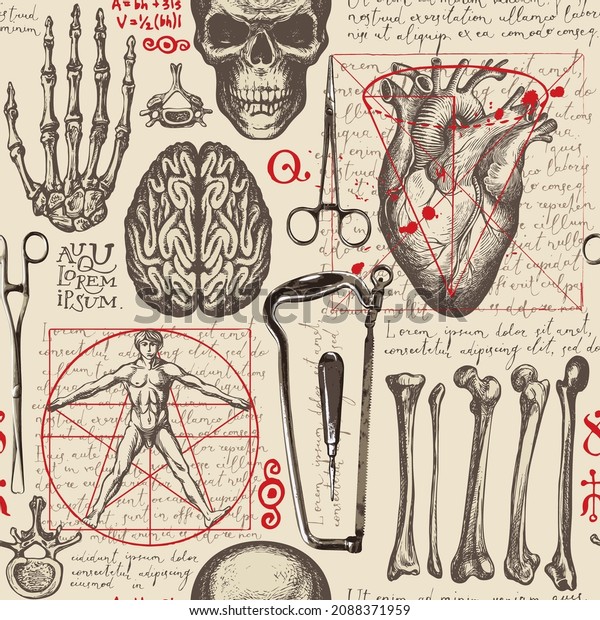 Anatomy seamless pattern with hand-drawn human\
skulls, bones, organs and surgical instruments on a backdrop of\
handwritten text lorem ipsum. Vintage vector background with\
sketches on a medical\
theme