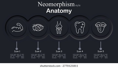 Anatomy set icon. Neomorphic dark interface circles with line symbols of arm muscle biceps, human eye organ, knee joint bones, tooth dental symbol, mouth tongue anatomy