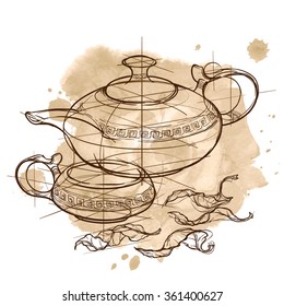 Anatomy of the tea ceremony: ceramic teapot and cup with some dry tea leaves. Sketch imitating technical drawing on a grunge background. EPS10 vector illustration.