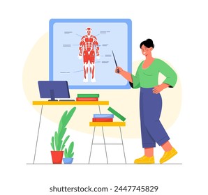 Anatomy teacher concept. Woman with pointer near structure of human body. Education, learning and training. Medicine and treatment. Cartoon flat vector illustration isolated on white background