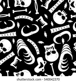 Anatomy texture.  Skeleton background. Skull ornament. Bones seamless pattern. Hell pattern. Skull and spine. jaw and pelvis. Halloween template. Religion design

