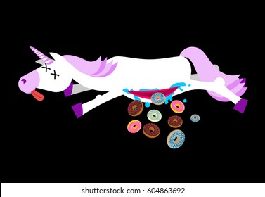 Anatomy unicorn From belly Intestines fell donut. Dead  Fantastic animal with horn and doughnut. Corpse is mythical beast