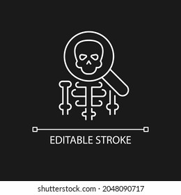 Anatomy white linear icon for dark theme. Human body study. Skeleton under magnifying glass. Thin line customizable illustration. Isolated vector contour symbol for night mode. Editable stroke