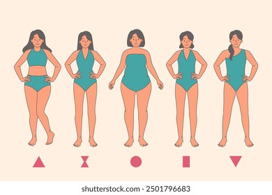 Anatomía de los tipos de cuerpo de la mujer y las diferentes figuras de especies que afectan el tamaño de los senos y las caderas o la cintura. Opciones de mujeres vestidas con trajes de baño, concepto de importancia de la individualidad y la positividad corporal