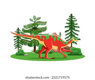 Anatotitan cartoon prehistoric dinosaur character. Isolated vector ancient herbivore reptile animal in natural landscape environment with rocks and trees. Late cretaceous paleontology era wild lizard