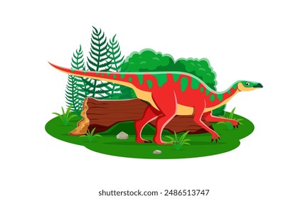 Anatotitan prehistoric dinosaur cartoon character. Isolated vector ancient herbivore reptile animal in natural landscape with plants and and tree log. Late cretaceous paleontology era wild lizard