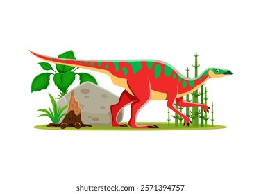 Anatotitan prehistoric dinosaur cartoon character. Isolated vector ancient herbivore reptile animal in natural landscape environment with rocks and plants. Late cretaceous paleontology era wild lizard