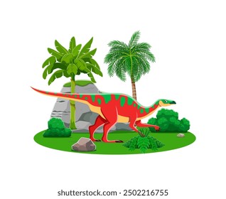 Anatotitan prehistoric dinosaur character. Isolated cartoon vector ancient herbivore reptile animal in natural landscape with plants, rocks and palm trees. Late cretaceous paleontology era wild lizard