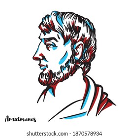 Anaximenes of Miletus engraved vector portrait with ink contours on white background. Ancient Greek Pre-Socratic philosopher active in the latter half of the 6th century BC.