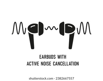 ANC earbuds. In-ear wireless headphones with active noise cancellation. Hearing protection. Vector flat silhouette icon. Anti-noise ear buds. Bluetooth earphones. Isolated object