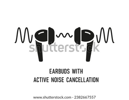 ANC earbuds. In-ear wireless headphones with active noise cancellation. Hearing protection. Vector flat silhouette icon. Anti-noise ear buds. Bluetooth earphones. Isolated object