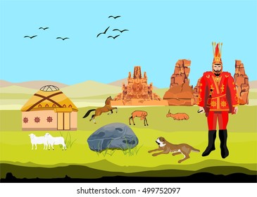 Ancestor of kazakh nomad massaget man on desert backgound, vector illustration