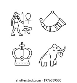 Ancestors heritage linear icons set. Egyptian wall drawings. Drinking horns. Royal crown. Mammoth. Customizable thin line contour symbols. Isolated vector outline illustrations. Editable stroke