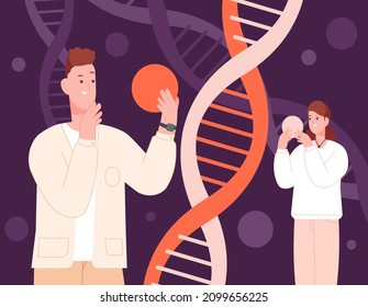 Ancestry genetics. Cartoon people holding molecule dna, genetic science, explore gene chromosome, scientific experiment heredity, medical discovery, vector illustration. Research dna scientific