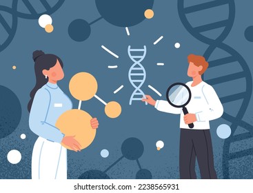 Ancestry genetics concept. Man and woman next to molecules and structure of cell. Scientists study DNA and develop drugs. Experiments in laboratory, research. Cartoon flat vector illustration