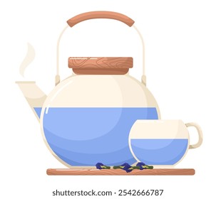 Anchan tea, blue tea. Teapot with a mug, flat style illustration.