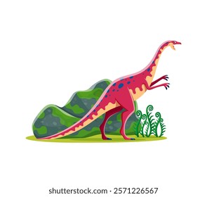 Anchisaurus cartoon prehistoric dinosaur character. Isolated vector colorful bipedal herbivore dino with red and yellow skin and blue dots standing beside rocks and ferns in a prehistoric landscape