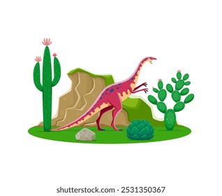 Personaje de dibujos animados de animales de dinosaurio prehistórico Anchisaurus con cactus. Vector jurásico dino, plantas suculentas prehistóricas y piedras. Personaje lindo del dinosaurio sauropodomorfo, dinosaurio lagarto extinto