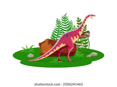 Anchisaurus prehistoric dinosaur cartoon character. Isolated vector colorful bipedal herbivore dino with red and yellow skin and blue dots standing beside a log and ferns in a prehistoric landscape