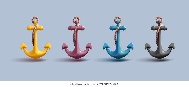 anchor 3D vector icon set, sailing retro anchor with rope in different colors, render illustration, isolated svg