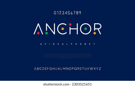 Alfabeto de tipo de letra del logotipo de tecnología digital abstracta de anclaje. Fuentes urbanas modernas mínimas para logotipo, marca, etc. Tipografía tipo de letra mayúsculas minúsculas y número. ilustración vectorial